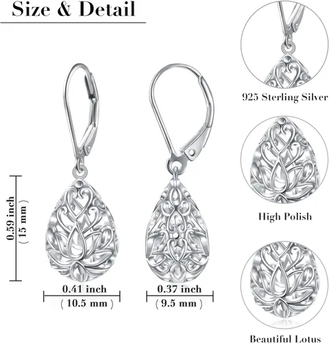 Miniatura 54 de Aretes colgantes de filigrana de plata de ley 925, margarita, loto, flor de rosa, piedra lunar, lágrima para mujer, nudo celta infinito, margarita