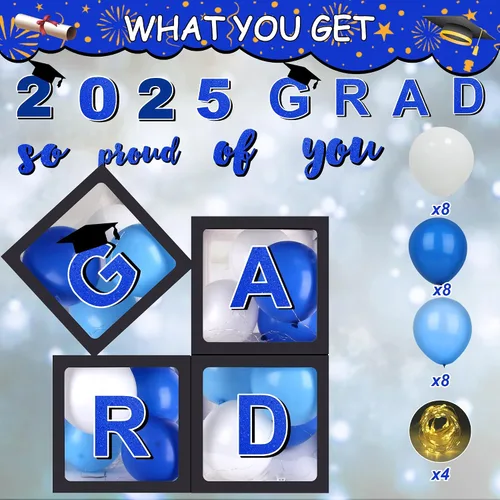 Miniatura 2 de Decoraciones azules para fiestas de graduación 2026, cajas de globos de graduados – 4 cajas de globos negros con 4 cuerdas de luz y letras 2026 Grad