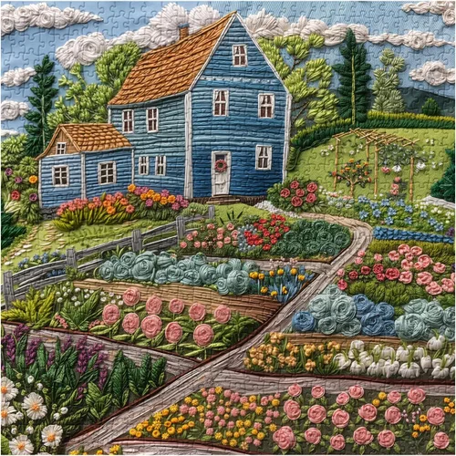 Miniatura 2 de Rompecabezas de jardín de flores para adultos de 1000 piezas, rompecabezas coloridos de casa de campo, rompecabezas de paisajes de campos de flores