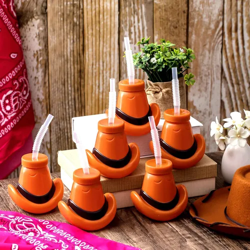 Miniatura 3 de Amyhill 24 tazas de sombrero de vaquero con tapas y pajitas de plástico de 12 onzas para sombrero de vaquero para suministros de fiesta de rodeo