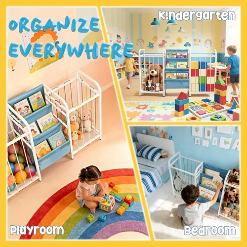 Miniatura 6 de Almacenamiento de juguetes de doble cara para niños y estantería de 3 niveles - Organizador Montessori para niños pequeños con cubos de juguetes