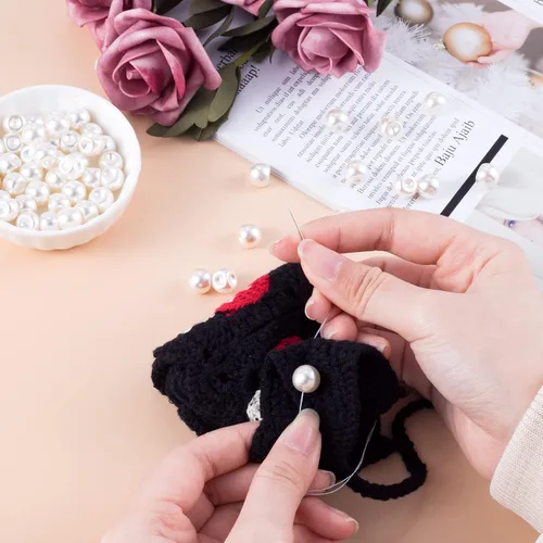 Miniatura 7 de HINZIC 100 botones redondos de perlas de 0.394 pulgadas a granel con agujero, accesorios de decoración de cuentas de perlas de plástico blanco