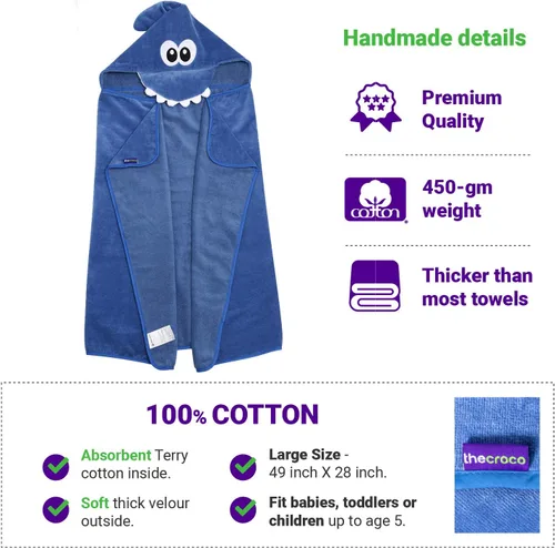 Miniatura 4 de Toalla de animal con capucha calidad premium: ultra suave, súper absorbente, XL 49 x 28 pulgadas, para niños y bebés, para baño, playa, piscina