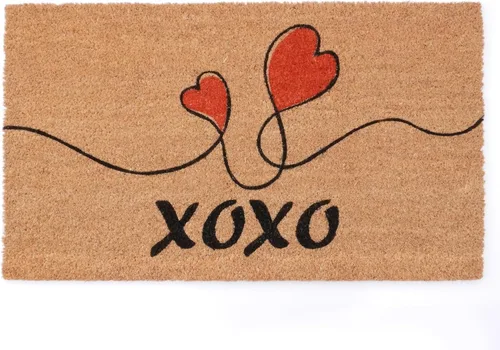 XOXO - Felpudo de San Valentín, tamaño de 18 x 30 pulgadas, felpudo de fibra de coco, tapete de corazón rojo