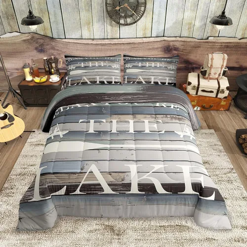 Lake House - Juego de edredón tamaño individual, juego de ropa de cama rústica de granja vieja de 2 piezas para niños, adolescentes y adultos,