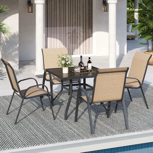Miniatura 2 de Juego de 4 sillas de comedor para patio, sillas de comedor apilables, respaldo alto, tela de asiento transpirable y marco de acero de aleación