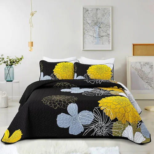 Miniatura 15 de Juego de edredón de 3 piezas con patrón floral azul marino, tamaño Queen, juego de ropa de cama reversible de microfibra con patrón de flores
