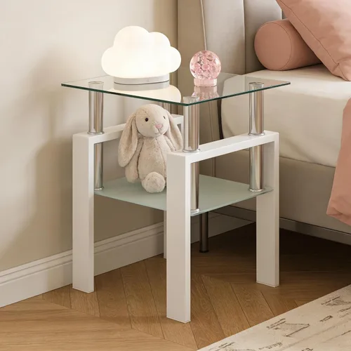 Miniatura 5 de Mesa auxiliar pequeña de cristal, mesa auxiliar blanca de 2 niveles con patas de metal, mesa auxiliar cuadrada, elegante y resistente para espacios