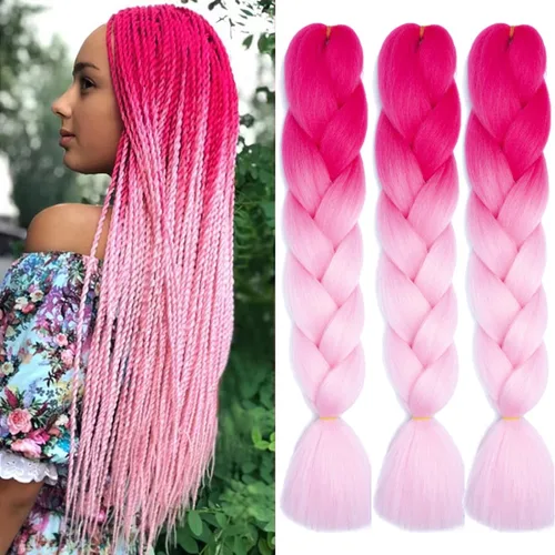 Miniatura 10 de Paquete de 3 extensiones de cabello trenzado de colores de 24 pulgadas, extensiones de cabello sintético para trenzar, morado, verde, amarillo