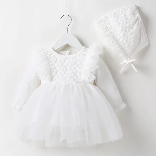 Miniatura 70 de Vestido de otoño de manga larga para niña pequeña, vestido de encaje con flores, boda, primer cumpleaños, bautizo, vestido con sombrero