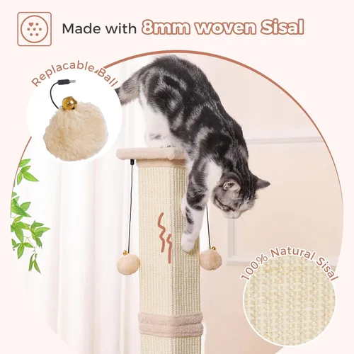 Miniatura 3 de Poste rascador grande para gatos con base resistente, poste rascador cuadrado resistente de sisal de 33 pulgadas y 2 bolas interactivas para colgar