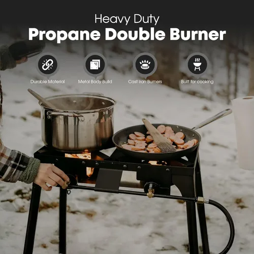 Miniatura 2 de GasOne - Quemador de propano doble con bolsa de transporte, altura ajustable, patas extraíbles de 4 niveles para cocinar al aire libre, regulador