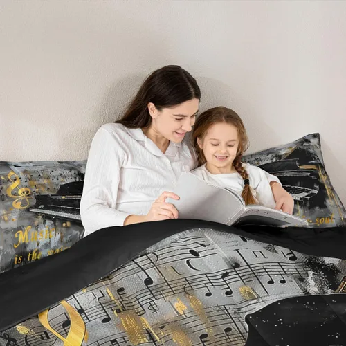 Miniatura 6 de Homewish Piano Music Comforter Set King Size,Musical Notes Bedding Set 3Pcs for Kids Girls Boys Teens Room Decor,Retro Graffiti Grey Gold Down Multi