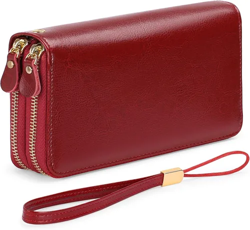 SENDEFN Carteras de cuero para mujer, bloqueo RFID, doble cremallera alrededor del tarjetero de crédito, gran capacidad, 1-cera-vino tinto, Moderno