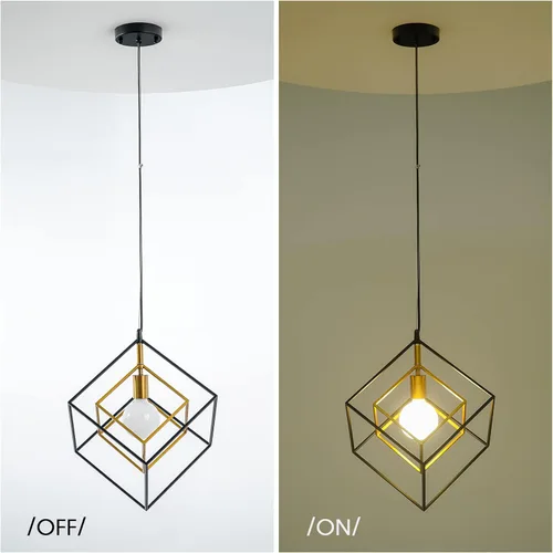 Miniatura 4 de Lámpara de araña geométrica moderna, lámpara colgante de metal con 1 luz, lámpara de techo colgante de latón negro, iluminación industrial de cubo