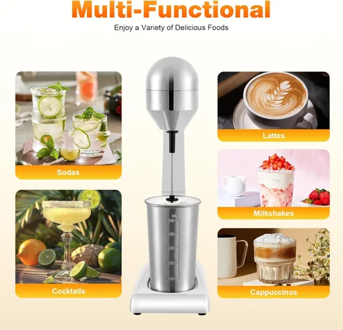 Miniatura 6 de Mezclador eléctrico de bebidas, mezclador retro y espumador de leche, taza de acero inoxidable de 17.7 fl oz, 2 velocidades (16,000-22,000 RPM)