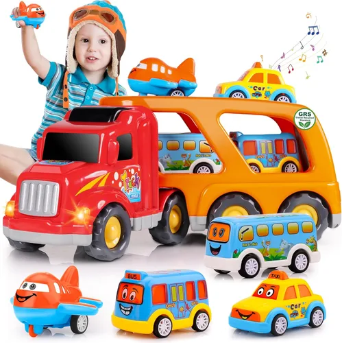 Nicmore Camión transportador de juguetes para niños pequeños: juguete de transporte para niños de 1, 2, 3, 4 años, 18 meses, 5 en 1, regalo para