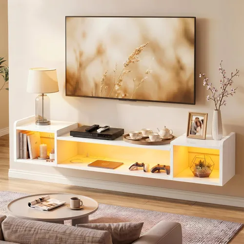 Miniatura 11 de Romorgniz - Soporte de TV flotante de 55.1 pulgadas de ancho con luces LED y tomas de corriente para televisores de 50, 55, 60, 65 pulgadas, centro