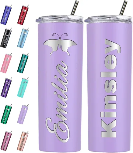 Miniatura 8 de Vaso personalizado personalizado con nombre grabado y logotipo, vasos delgados personalizados con tapa y pajita, vaso aislado de acero inoxidable