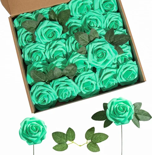 Miniatura 10 de Rosa artificial de espuma de 25 piezas de rosas falsas de aspecto real con tallos y hojas para decoración del hogar, fiestas, jardín, centros