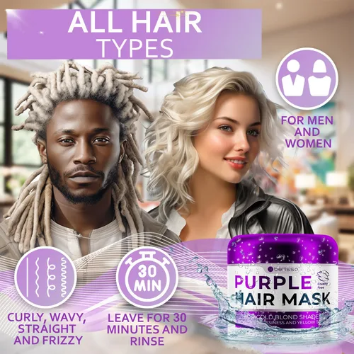 Miniatura 6 de Mascarilla capilar morada – Acondicionador profundo y tóner para cabello rubio y cobrizo – Reparación hidratante y tratamiento después de la lejía