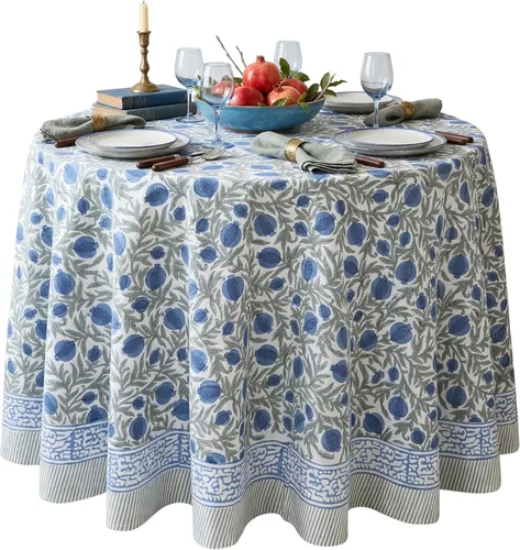 Miniatura 45 de ATOSII Mantel Redondo Bohemio Jade de Algodón 100%, Mantel de Lino con Estampado Floral de Bloques para Comedor, Fiestas, Bodas, Exteriores I