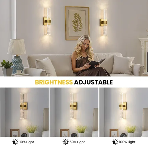 Miniatura 2 de Epinl Juego de dos apliques de pared dorados – Apliques de pared para baño, iluminación de pared LED regulable de 14 W con cristal de burbujas