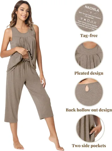 Miniatura 4 de NACHILA Conjunto de pijama de bambú para mujer, sin mangas, suave, pantalones capri, tallas S-4XL