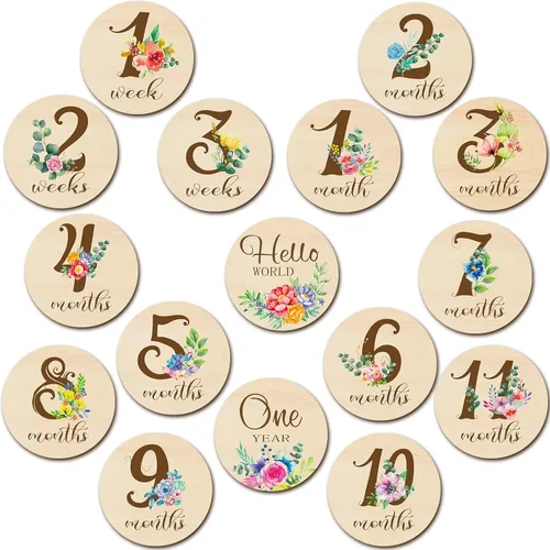 Miniatura 8 de Tiamon 16 tarjetas mensuales de madera para bebé, discos de marcador de hitos mensuales, círculos de madera de doble cara, letreros de meses