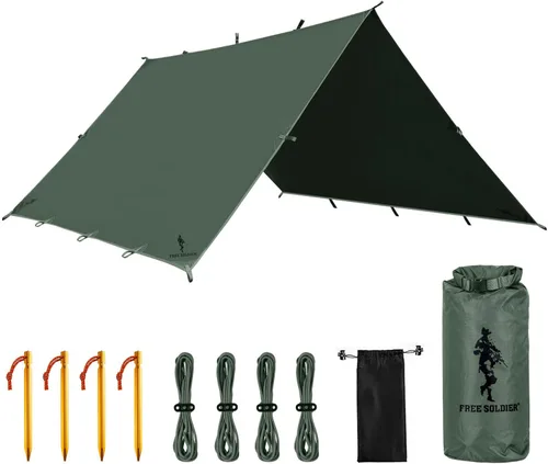 Miniatura 14 de FREE SOLDIER Lona impermeable portátil multifuncional para exteriores, camping, viajes; toldo de mochilero, refugio contra la lluvia Verde oscuro