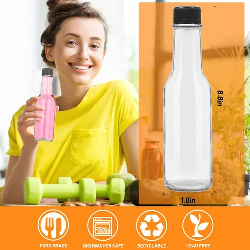 Miniatura 2 de Alotpower Paquete de 35 botellas de salsa picante de 5 onzas, botellas vacías de vidrio transparente con tapas de rosca negras a prueba de fugas