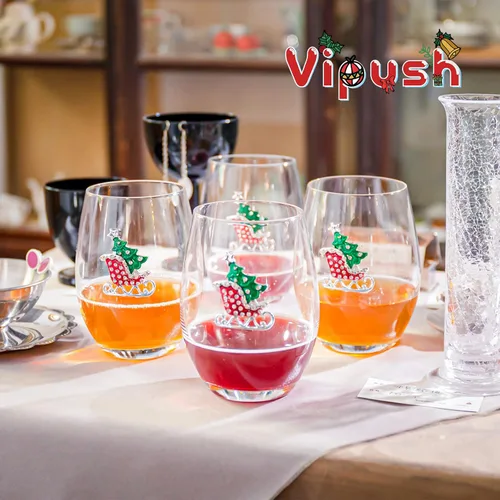 Miniatura 6 de Vipush Juego de Copas de Vino Navideñas de 4 - 18 Oz Vasos para Beber con Cristal Navideño sin Tallo Copas de Vino de Vacaciones Regalo Cristalería