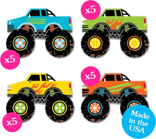 Big Dot of Happiness Smash and Crash - Monster Truck - Decoraciones para fiestas de cumpleaños de niños, juego de 20