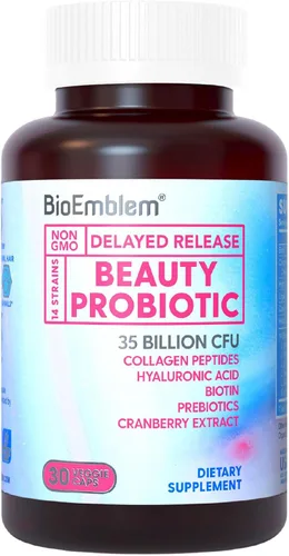 BioEmblem Probióticos de belleza para mujeres, 35 mil millones de UFC, 14 cepas con biotina, colágeno, prebióticos para la salud digestiva, piel y