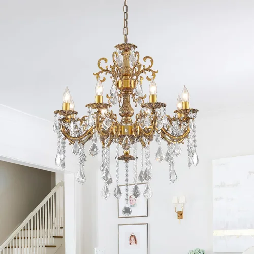 Miniatura 15 de Candelabros de cristal de bronce antiguo de lujo con lámpara colgante de vela, lámpara de techo de 6 luces de cristal dorado para comedor, sala
