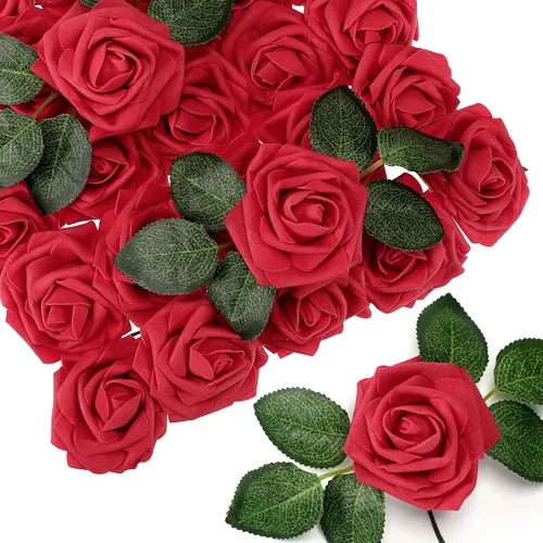 Miniatura 8 de 150 rosas artificiales a granel, rosas falsas con tallo largo, ramos de flores artificiales para bricolaje, centros de mesa, arreglos de mesa