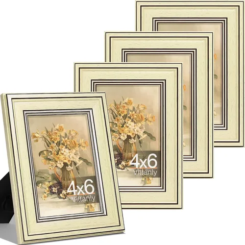 Vittanly Juego de 4 marcos de fotos de 4 x 6 pulgadas, marco de fotos vintage para pared o mesa, muestra fotos de 4 x 6 pulgadas, decoración rústica