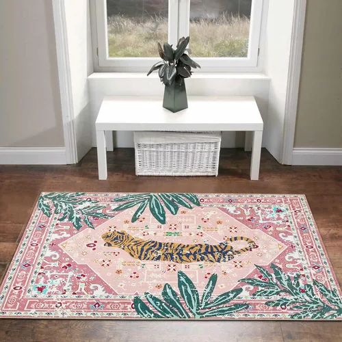 Miniatura 3 de Alfombras hippie, alfombras de 2 x 3 de lana sintética tropical rosa boho para baño, cocina, entrada interior pequeña. Alfombra moderna vintage