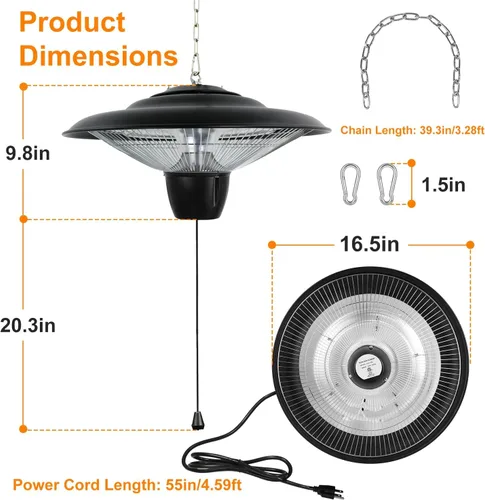 Miniatura 2 de KOCASO Calentador colgante de patio de 1500 W para interiores y exteriores, lámpara de calefacción eléctrica ultra silenciosa, IP23, impermeable, 2