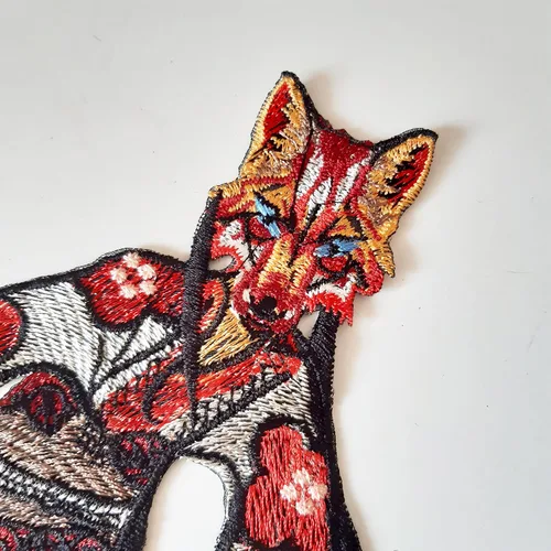 Miniatura 2 de Moks497 Kitsune Japan Embroidered Patch, Set of Fox in Kimono and Flowers Large Patch