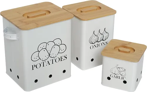 Miniatura 11 de Juego de 2 latas de almacenamiento de verduras de cocina, cebolla y papas con tapa de madera y agujeros de aireación, organizador de contenedor