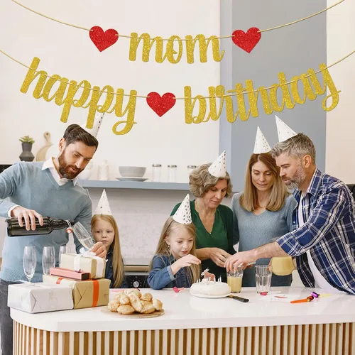 Miniatura 7 de Cartel de feliz cumpleaños con texto en inglés "Mom Happy Birthday", decoraciones para fiesta de cumpleaños de las mujeres, suministros de fiesta