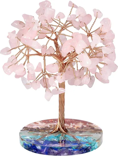 Miniatura 13 de rockcloud Árbol de dinero de alambre de cobre de cristal aguamarina con base redonda de resina colorida, árbol de piedra bonsái hecho a mano