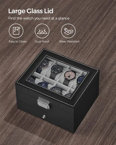 Miniatura 20 de SONGMICS UJWB012 - Caja de reloj de 12 ranuras, caja de reloj con cerradura con tapa de vidrio, 2 capas, con 1 cajón para anillos, pulseras, idea