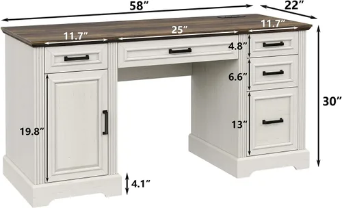 Miniatura 2 de Furniouse Escritorio ejecutivo de 58 pulgadas, escritorio para computadora de granja con cajones y gabinete con estación de carga, escritorio