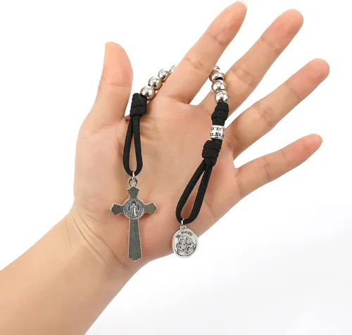 Miniatura 9 de Pulsera de oración de paracord militar fuerte de una década de Nazareth Store, cuentas plateadas, medalla de San José y cruz de San Benito