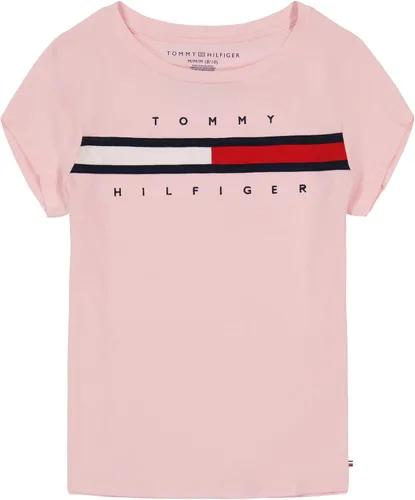 Tommy Hilfiger Camiseta de manga corta para niña con logotipo de la bandera, camiseta de mezcla de algodón con interior sin etiqueta