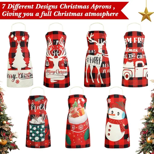 Miniatura 3 de Zhanmai 7 delantales de Navidad para mujeres y hombres, delantales de Navidad a cuadros rojos y negros, delantales de Navidad ajustables