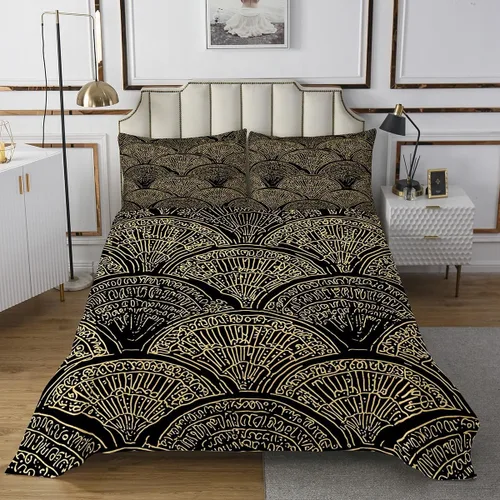 Miniatura 2 de Erosebridal Juego de colcha geométrica ondulada tamaño King, juego de colcha étnica dorada y negra en forma de abanico con plumas ornamentadas