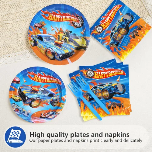 Miniatura 4 de 200 piezas de decoración de cumpleaños de autos de carreras para niños, platos y servilletas de fiesta de autos calientes, juegos de vajilla